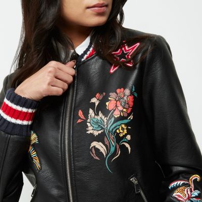 Black faux leather embroidered bomber jacket
